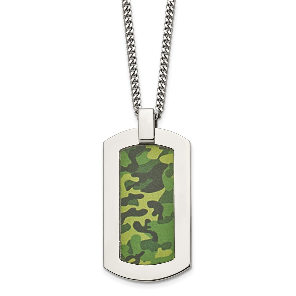 Stainless Steel Patriotic Printed Green Camo Under Rubber Dog Tag 22 Necklace